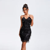 Starlight Tassel Sequin Dress – Sleeveless High-Waist Sling Style - NOIRPYJAMA